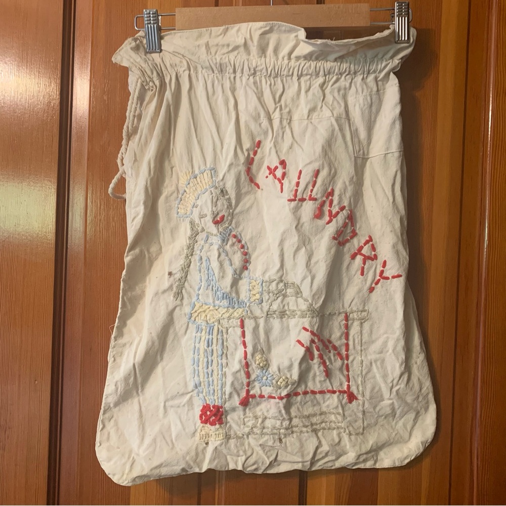 Antique Cotton Embroidered Laundry Sack Bag Country Farmhouse history STAINS